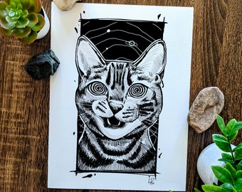 Hypno Cat Eyes in Space, Black and White Art Print, Messy Lines Illustration, Cat portrait, Surreal and Fantasy, Cosmic Planets Solar System