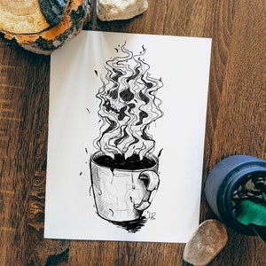 Skulls and Black Coffee, Dark Digital Art Print, Sketchy Black Ink Illustration, Gothic Decor, Skull in Steam of Coffee Cup, Coffee lover image 3