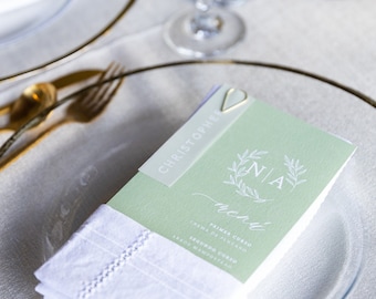 Sage wedding menu template with monogram | Editable, elegant wedding menu | Wedding menu template download | Reception dinner menu