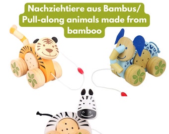 Pull-along toy from 1 year | bamboo wood pull-along toy | elephant, tiger, zebra