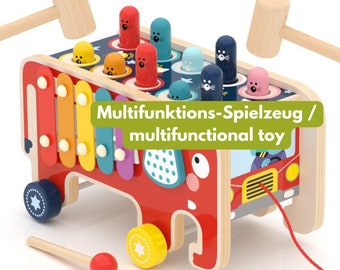 Xylophone, jeu de frappe, jeu de retournement et jouet à tirer en bois | Jouet en bois 4 en 1 | Jouets éducatifs | Montessori