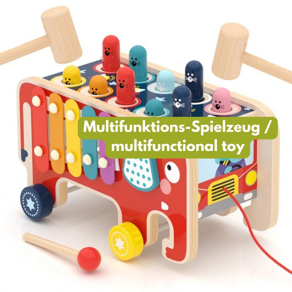 Xylophone, jeu de frappe, jeu de retournement et jouet à tirer en bois | Jouet en bois 4 en 1 | Jouets éducatifs | Montessori