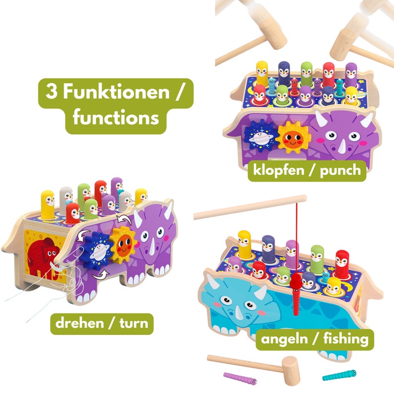 Montessori Klopfspiele aus Holz, 3 in 1 Multifunktions-Spielzeug in 3 Varianten mit Xylophon, Tieren Lernspielzeug Bild 7