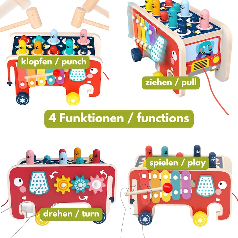 Montessori Klopfspiele aus Holz, 3 in 1 Multifunktions-Spielzeug in 3 Varianten mit Xylophon, Tieren Lernspielzeug Bild 3