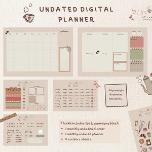 Puede incluir: Un conjunto de planificadores digitales en tonos marrones y beige. El conjunto incluye un planificador mensual, un planificador semanal y cuatro hojas de pegatinas. Las páginas del planificador presentan una taza de café linda y otras ilustraciones. El texto "UNDATED DIGITAL PLANNER" está en la parte superior de la imagen.