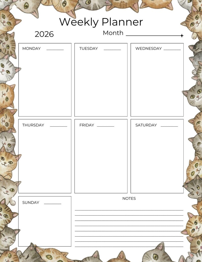 2026 Cat Planner Printable • Cute Kitten Aesthetic Calendar • Undated ...