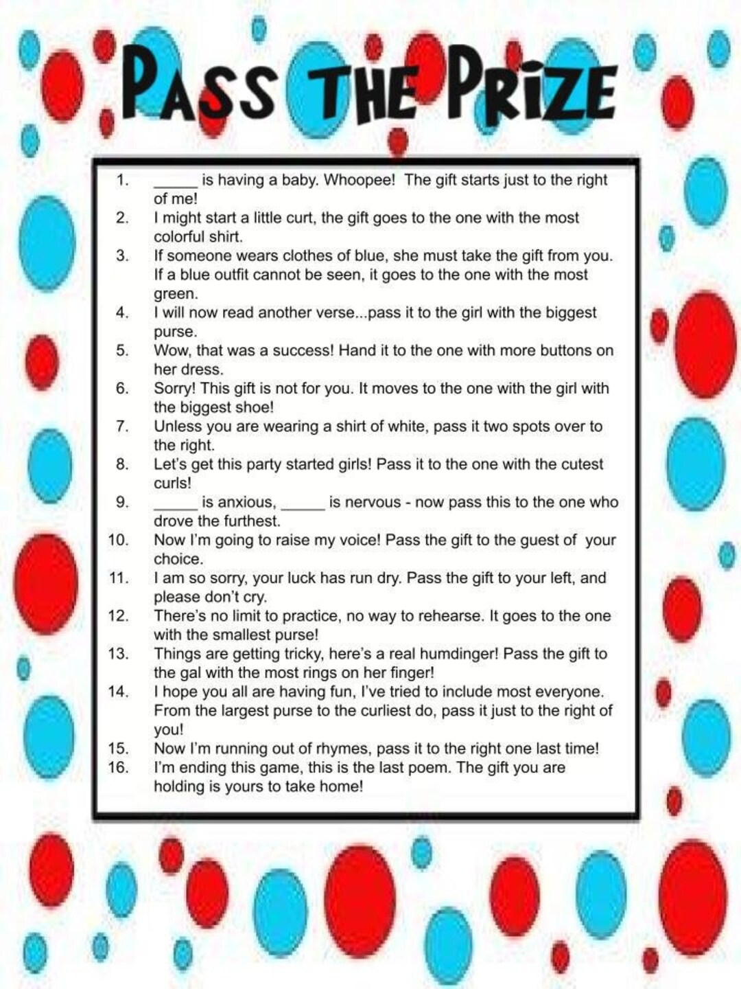 Pass the Prize Baby Shower Game Etsy