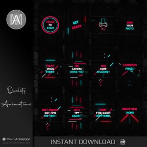 May include: A set of 12 animated video intros with neon pink and blue text on a black background. The text includes phrases like "Touch to Start", "Get Ready", "That Was Fire", "The Camera Loves You", "You Look Amazing", "Looking Fine", "Ain't Nobody Got Time For That", "Let's Try Again", "Meh I've Seen Better", and "Brother Ugh".