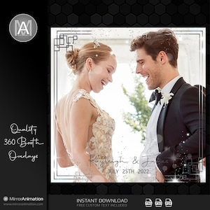 Może przedstawiać: Nakładka na fotobudkę ślubną z srebrną ramą i błyszczącym tłem. Tekst "Kayleigh & James" i "July 25th 2022" jest zawarty w nakładce.