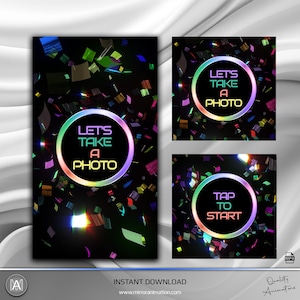 May include: Three animated photo booth frames with a black background and colorful confetti. The frames have neon green, pink, and blue text that reads "Let's Take A Photo", "Let's Take A Photo", and "Tap To Start".