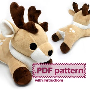 May include: Two plush deer toys in tan, brown, and white. One deer is lying down, the other is upright. Both have large black eyes, brown antlers, and white accents. The image includes text that reads ".PDF pattern with instructions."