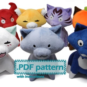 May include: A set of six plush toy cat characters, each with a different colour and expression. The characters include a red devil cat, a yellow cat with a white face, a purple cat with stripes, an orange cat with a green stem, a white cat with pink cheeks, and a blue cat with a white face. The plush toys are arranged in a semi-circle with the text ".PDF pattern with instructions" in the centre.