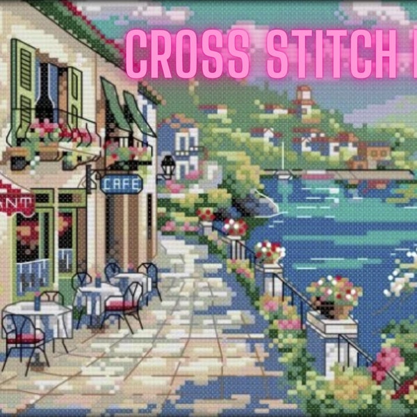 Seaside Cafe Cross Stitch Kit 11ct Print Canvas Cotton Thread Ready To Go High Quality Designs Gifts Activities Crafts Christmas