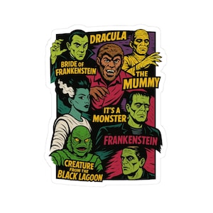 Classic Horror Monsters Sticker – Dracula, Frankenstein, Mummy, Creature from the Black Lagoon, Bride of Frankenstein – Halloween Decal