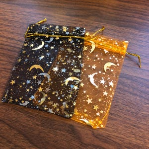 Moon & Star Organza Bags – Halloween Favor Bags 3.5x4.5" | Celestial Treat Bags for Candy, Crystals, Party Favors | 12–100 Count