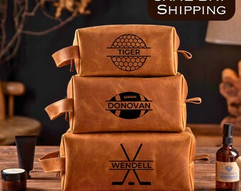 Football Personalized Dopp Kit, Groomsmen Gifts, Leather Toiletry Bag, Men's Leather Accessory, Anniversary Gift for Him, Team Coach Gift