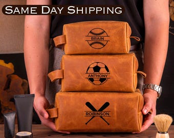Softball Personalized Dopp Kit, Groomsmen Gifts, Mens Leather Toiletry Bag, Anniversary Gift for Him, Boyfriend, Husband, Team Coach Gift