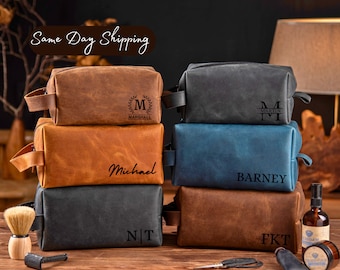 Personalized Men&#39;s Leather Travel Bag, Dopp kit, Gifts for Men, Fathers Gift, Dad Gifts, Birthday Gift Idea for Husband, Boyfriend, Grandpa