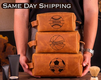 Basketball Personalized Dopp Kit, Groomsmen Gifts, Men's Leather Toiletry Bag, Mens Leather Accessory, Anniversary Gift for Him, Sports Gift
