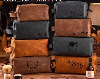 Personalized Graduation Toiletry Bag, Class of 2026, High School or College Graduate Gift, Men's Leather Doppkit, Custom Engraved for Him