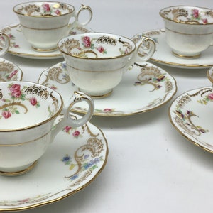 Vintage Cauldon Demitasse Teacups with Saucers, Floral Pattern and Gold Pattern