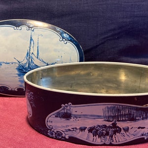 Vintage Blue and White Oval Metal Tin Storage Box Container with Lid