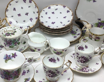 Vintage Porcelain Violets Collection / Teacups, Plates, Cream & Sugar, Vase, Bowl