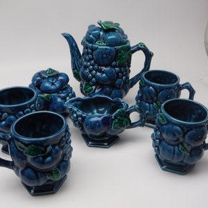 Retro Inarco Mood Indigo Blue Coffee Set with Mugs / Coffee Pot /  Creamer and Covered Sugar Bowl