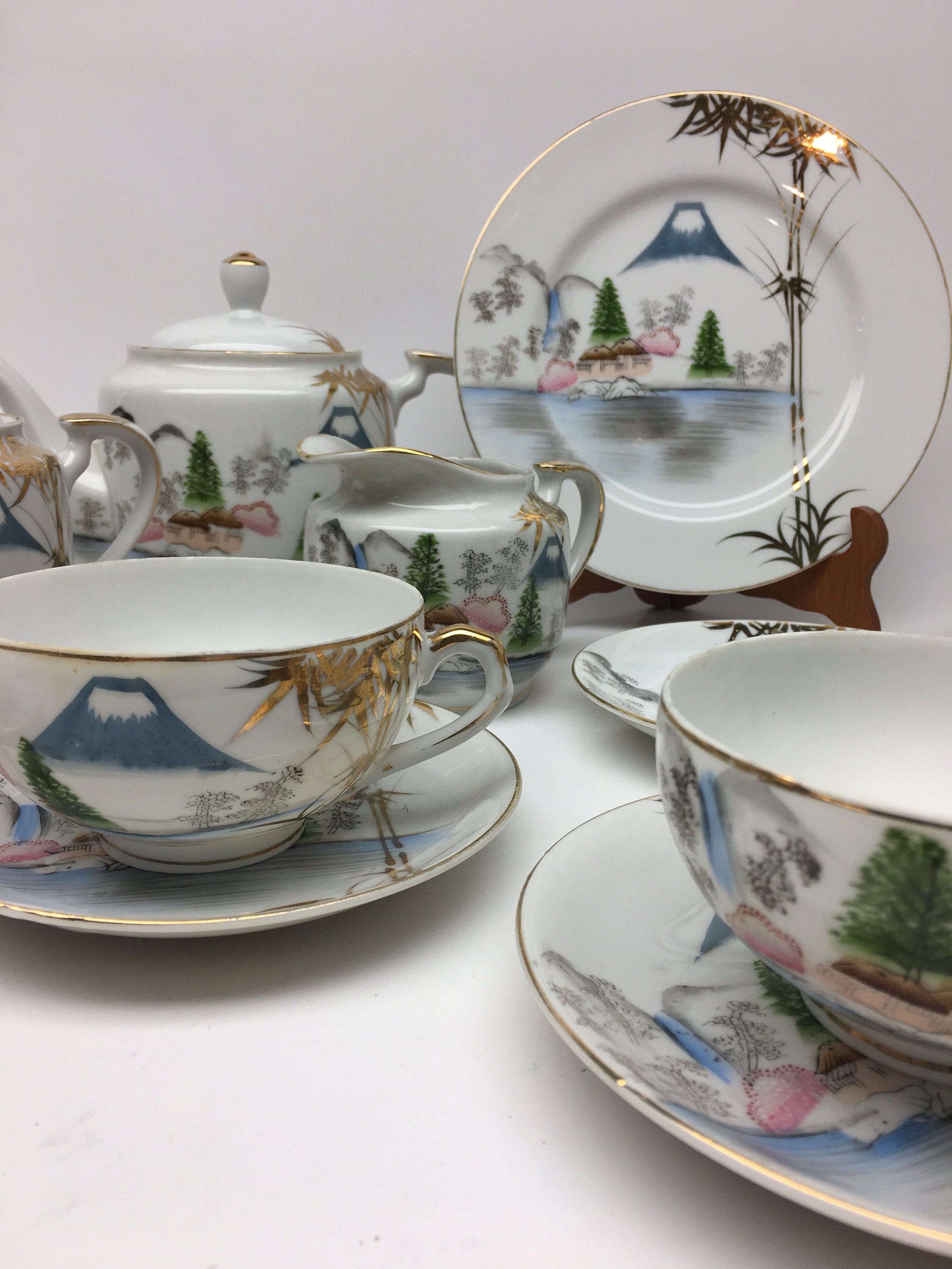 Vintage Kutani Tea Set With Geisha Lithophane Image Inside Teacups