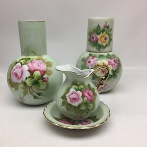 Vintage porcelain bedside water carafe with cup / Vase /Small Jug with UnderPlate