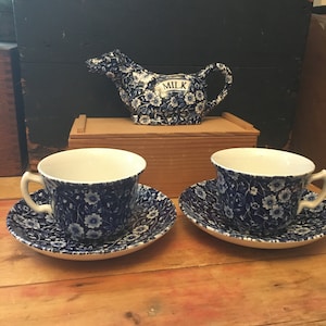 Blue and White Floral Pattern Calico Teacups, Miniatures and Cow Shaped Creamer