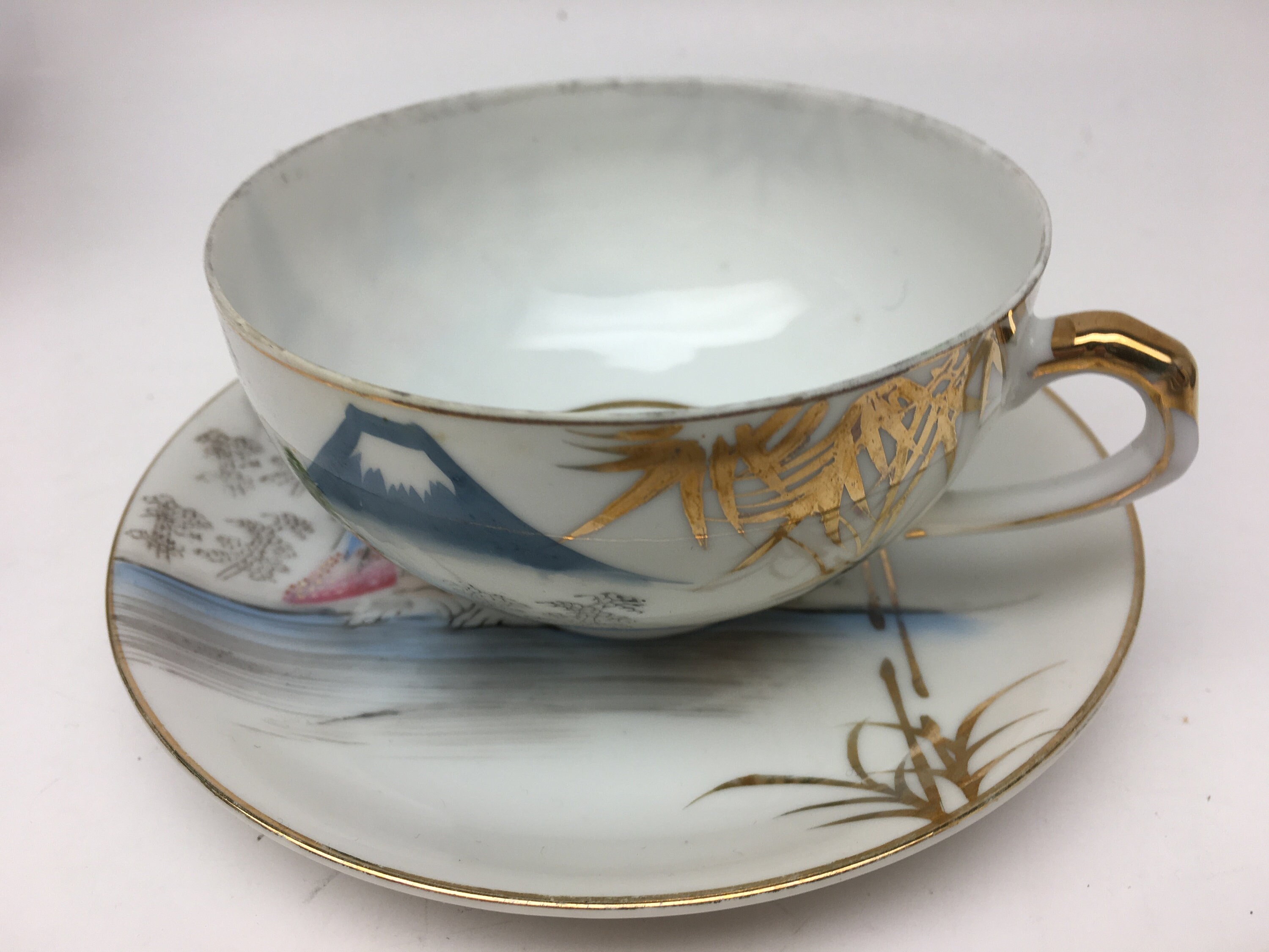 Vintage Kutani Tea Set With Geisha Lithophane Image Inside Teacups