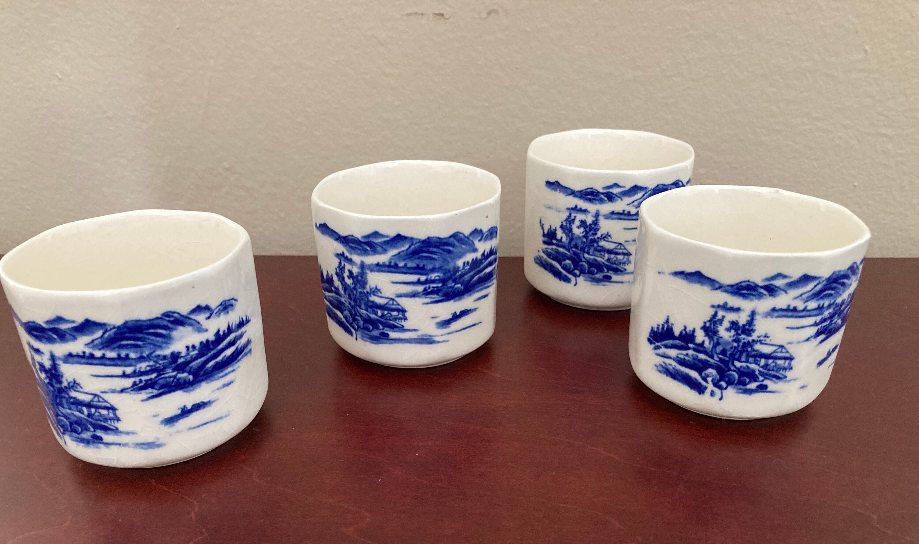 青い風景画の陶器カップ ヴィンテージ磁器ティーカップ、青い風景デザイン - 4個セット - Etsy 日本