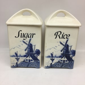 Vintage Ceramic Sugar and Rice Storage Containers / Blue & White Windmills