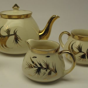 Vintage Gibson Tea Set, Gold & White Pattern Teapot with Creamer and Sugar Bowl