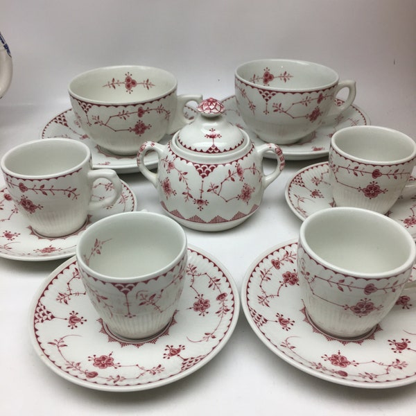 Vintage Denmark Furnivals Ltd, Red Tea/Coffee Cups and Saucers, Sugar Bowl with Lid