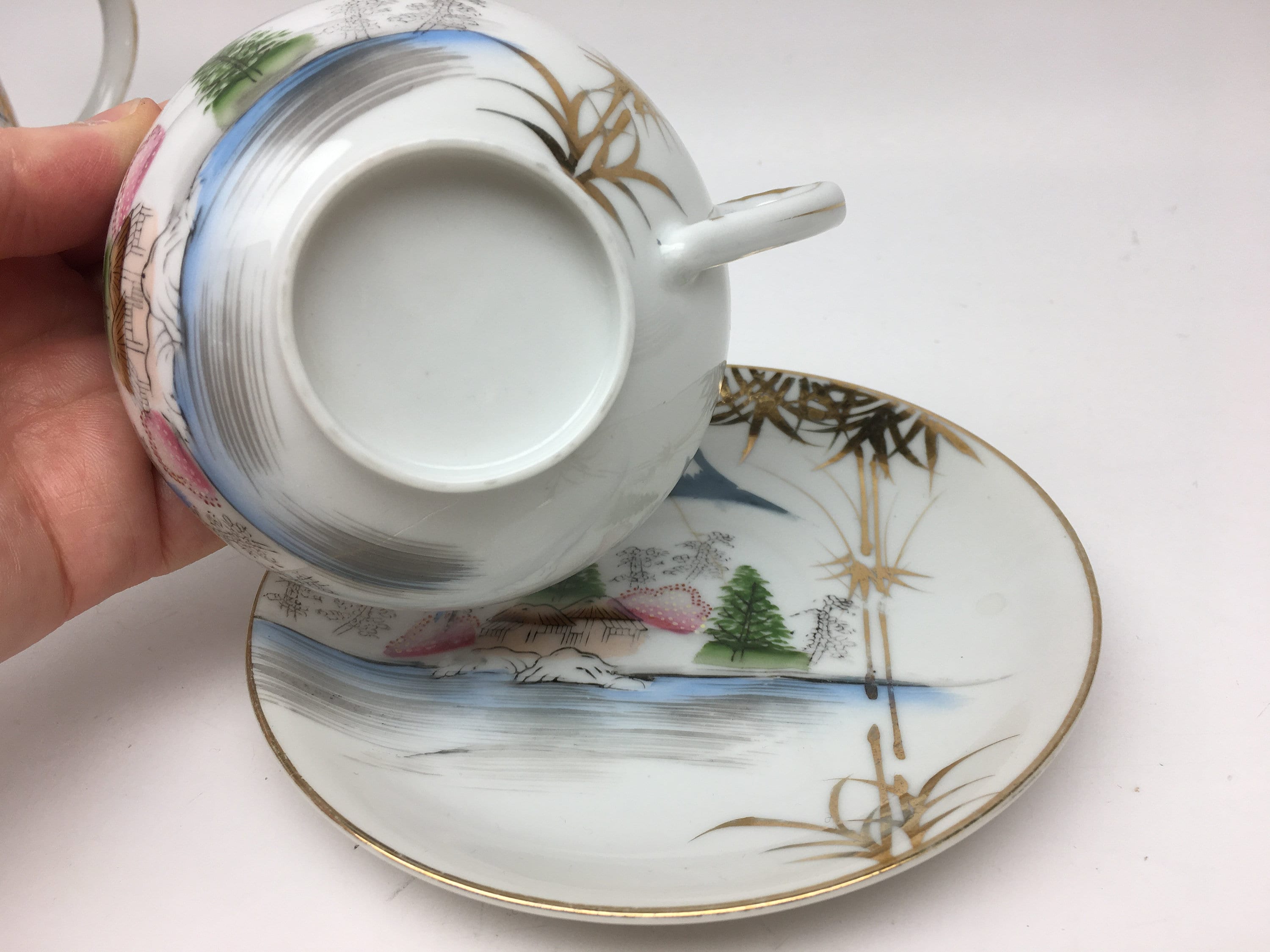 Vintage Kutani Tea Set With Geisha Lithophane Image Inside Teacups