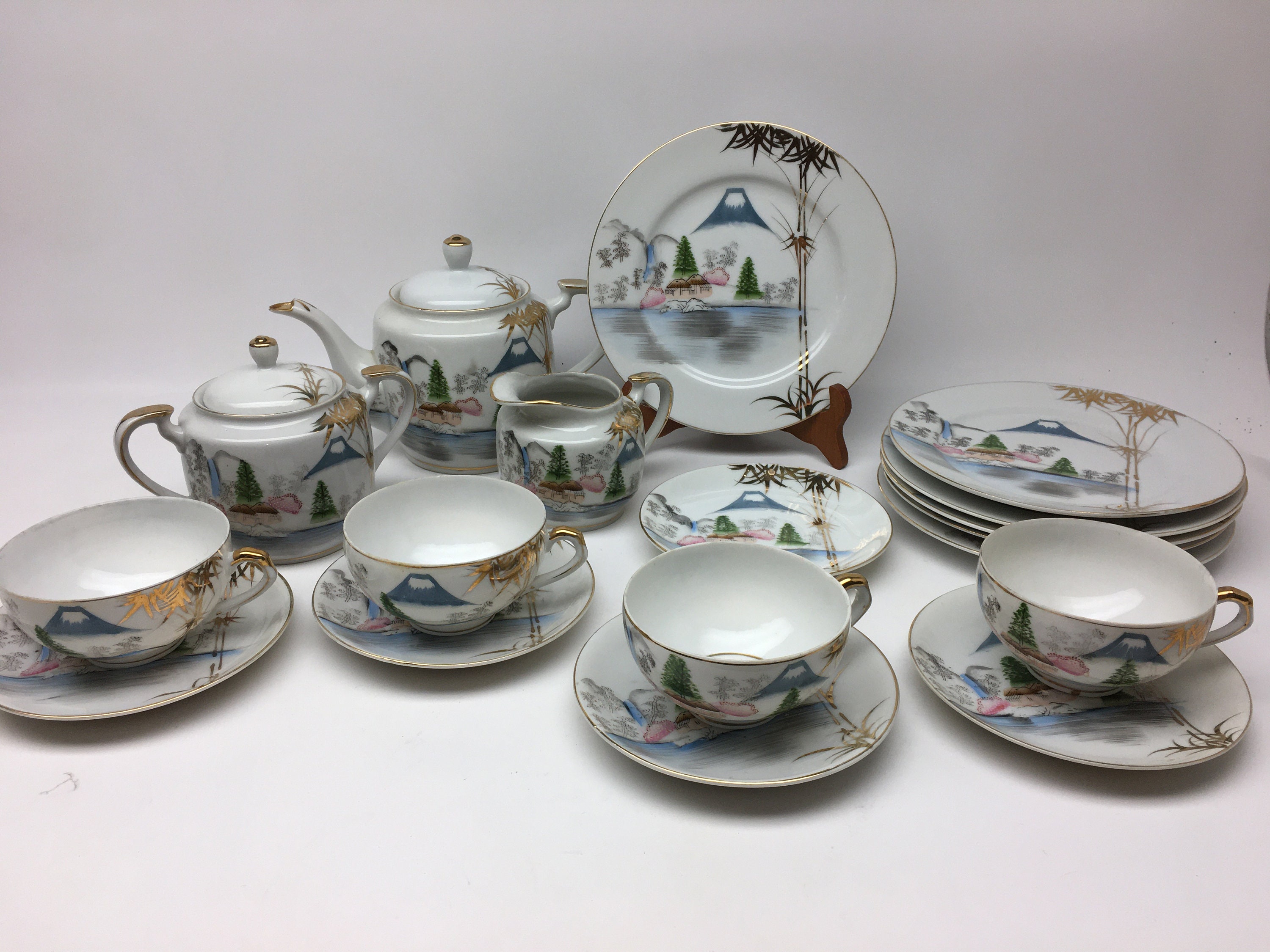 Vintage Kutani Tea Set With Geisha Lithophane Image Inside Teacups