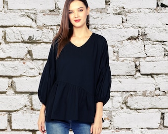 Haut en coton à col en V pour femme noir / Haut ample / Haut noir asymétrique pour femme / Chemisier à col en V / LOVESTONE