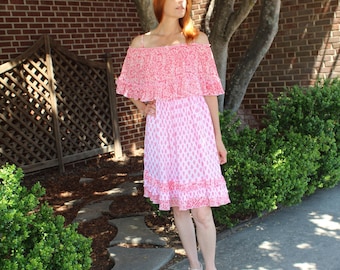 Dames off-shoulder bedrukte jurk/katoen bloemen roze bedrukte off-shoulder jurk/zomerjurk voor vrouwen/franje jurk/ontwerper jurk/