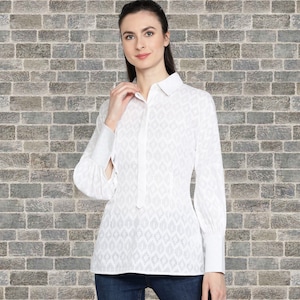 Women's cotton white long sleeves Shirt. Elegant high quality white collared button down shirt for women. Luxury 100% cotton Jacquard shirt.