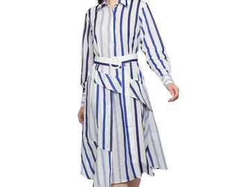 Women's stripes shirt Dress with long Sleeves, Blue Stripes dress, designer casual dress for women, Cotton dress for women in blue stripes