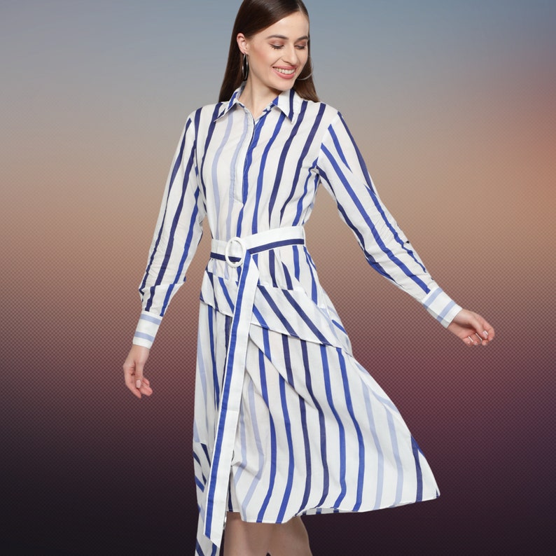 Women's stripes shirt Dress with long Sleeves, Blue Stripes dress, designer casual dress for women, Cotton dress for women in blue stripes image 2