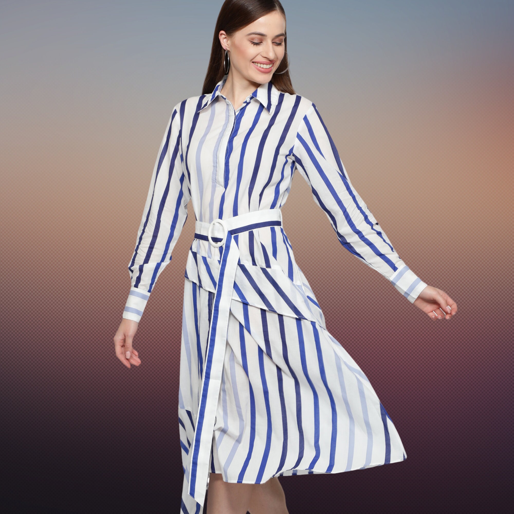 Women's Stripes Shirt Dress with Long Sleeves, Blue Stripes Dress, Designer Casual Dress for Women, Cotton Dress for Women in Blue Stripes