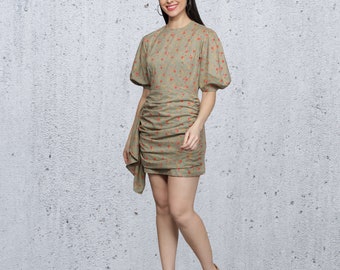 Women's mini Dress/ Floral Printed Green Cotton Dress/ Short Designer Green Dress/ half puff sleeves dress for women//Summer Spring dress
