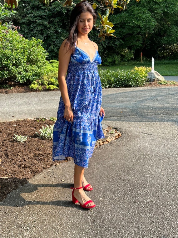 Women's Summer Dress Blue/ Backless Printed Dress / V Neck Smocked Dress/ Designer Dress/ Halter Neck Dress/ Floral Dress/ Beautiful Dress