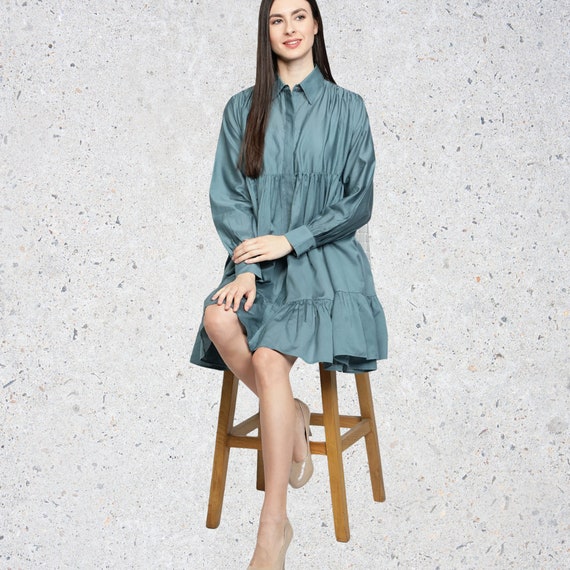 Women's Long Sleeves Cotton Shirt Dress/ Ruffle Shirt Dress /Tiered Dress/ Casual Cotton Blue Dress/Long Sleeves Dress/ Collared Shirt Dress