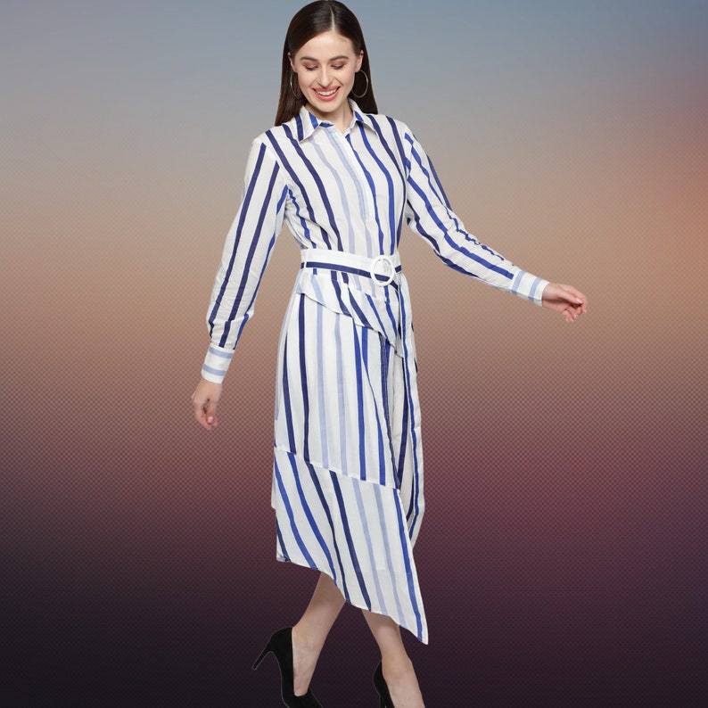 Women's stripes shirt Dress with long Sleeves, Blue Stripes dress, designer casual dress for women, Cotton dress for women in blue stripes image 4