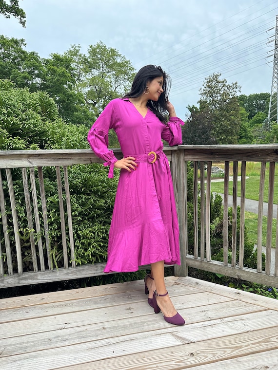 knee length dresses for ladies Long Sleeve Magenta Prom Dresses Purple Square Neck Evening Dress with –  Viniodress main image 0