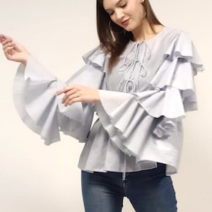 Women&#39;s Cotton Top with Long Sleeves/ Round Neck Top/ Designer Cotton Top for Women/ Elegant Women&#39;s Blouse/Front Tie Up Top/ LOVESTONE